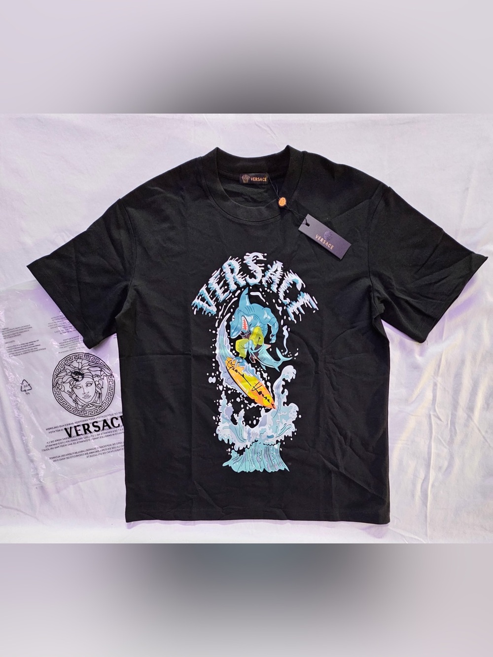 Versace Black Graphic Surf Wave Crew Tee with Turquoise and Yellow Print